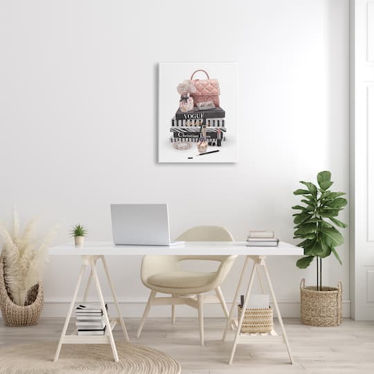 Stupell Industries Fashion Bookstack Purse Perfume Pink Glam Design Canvas Wall Art